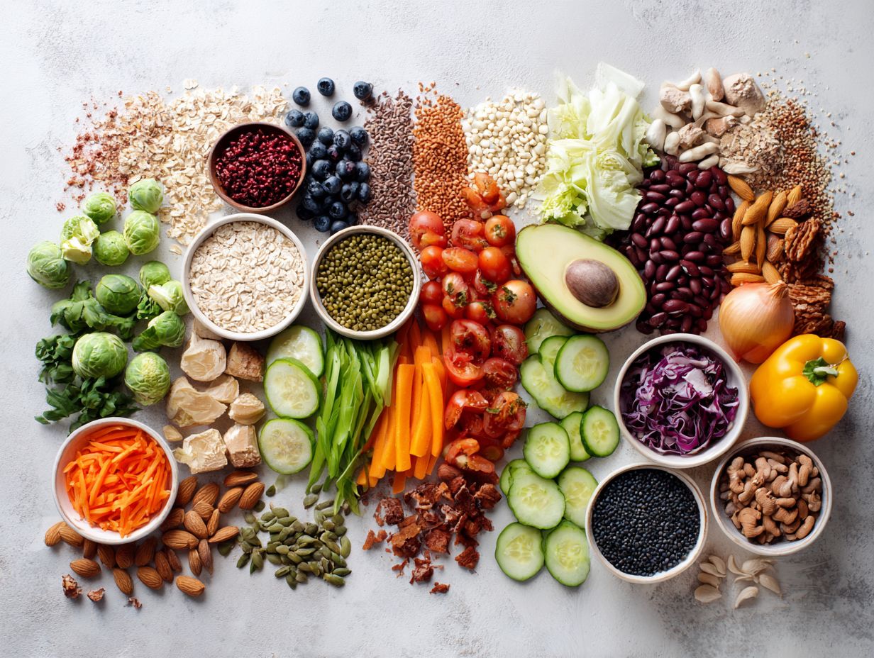 Різноманітні свіжі овочі, фрукти та здорові продукти красиво розкладені на дерев'яному столі