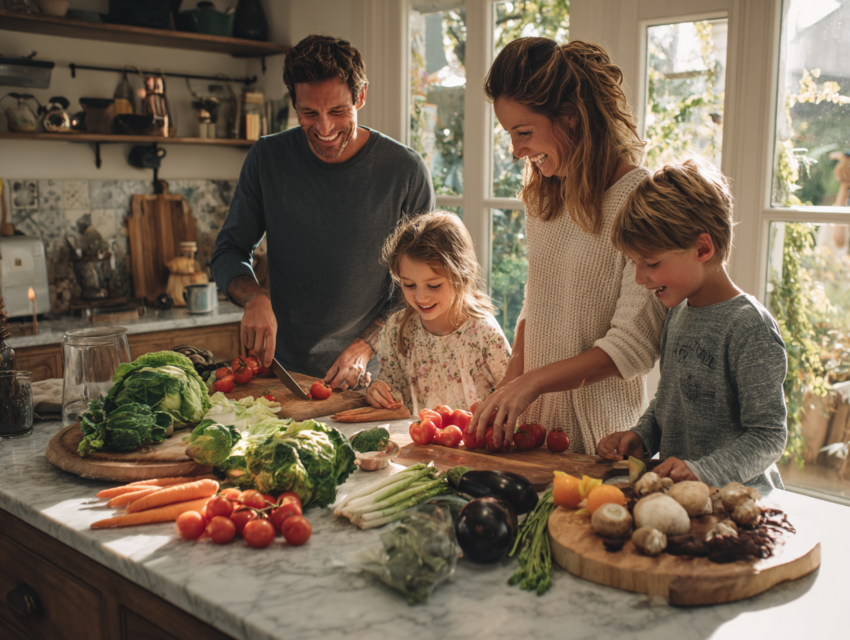 Здорові та свіжі продукти, овочі та фрукти розкладені на кухонному столі для приготування збалансованої їжі